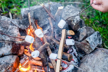 People roasting marshmallows around camping bonfire. Top down view