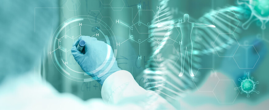 Digital healthcare on hologram virtual screen. Medical science and biotechnology