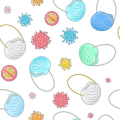 Face mask doodle pattern. Covid-19 coronavirus protection. Medical equipment. Face mask respirator background. Prevention the spread of Covid-19.