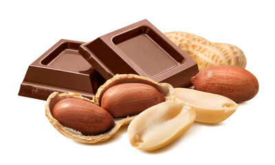Peanuts in shells and milk chocolate isolated on white background.