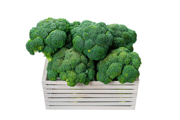 Fresh tasty broccoli in wooden box isolated