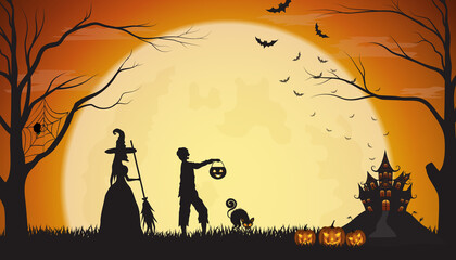 Halloween pumpkins with bat and Moon background, illustration.Vector
Halloween party in the moonlight orange background.
