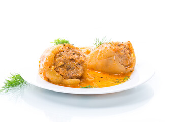 stuffed with meat and rice with roasted pepper sauce