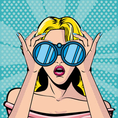 blonde woman face with open mouth, binoculars, pop art style © djvstock