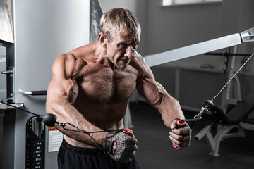 Fototapeta na wymiar Muscular adult brutal man training on TRX loops in the gym. Portrait of caucasian authentic bodybuilder doing exercises in HIIT workout