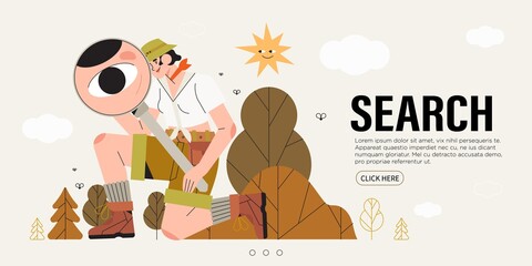 Woman naturalist or scientist looking through magnifying glass or loupe. Business metaphore for search or research, development, web surfing, FAQ. Trendy outline characters for web or ui design.