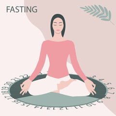 Fototapeta na wymiar Intermittent fasting - dial, girl sitting in asana pose - vector. Diet concept. Yoga