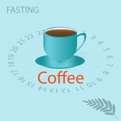 Intermittent fasting - a cup of coffee on a clock face background - vector. Diet concept