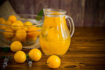 sweet cooked compote in a glass decanter of ripe yellow cherry plum