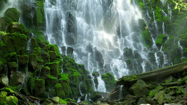 Low angle, Ramona Falls cascades over mossy environment