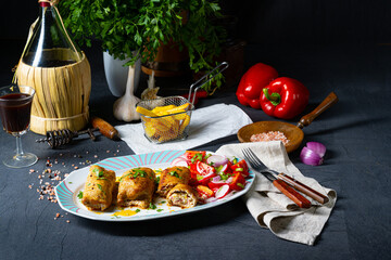 Vegetable roulade from roast  pork loins with salads