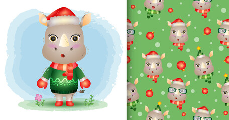 a cute rhino christmas characters collection with a hat, jacket and scarf. seamless pattern and illustration designs