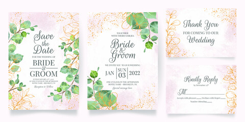 watercolor creamy wedding invitation card template set with golden floral decoration 