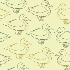 Vector seamless pattern of ducks on a light-yellow background. Wallpaper with ducks concept design.