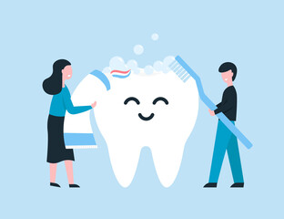 Boy and girl brushing happy cartoon big tooth. Flat vector cartoon illustration. Dentistry modern concept.