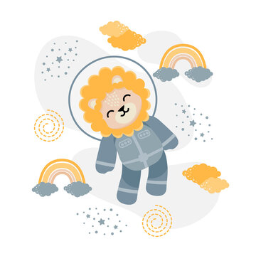 cute lion astronaut cartoon doodle vector illustration design for print