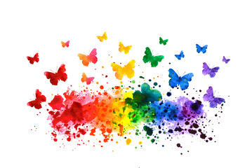 rainbow watercolor splash background with flying butterflies. vector illustration