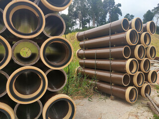 SEREMBAN, MALAYSIA -MARCH 2, 2020: Vitrified clay pipe stacked at the construction site. Commonly...