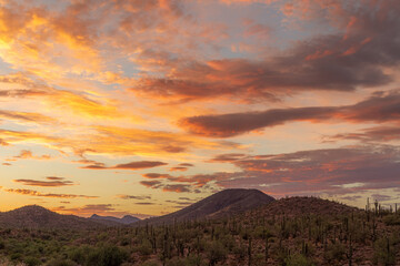 Sunset over a mountain landscape in the Sonoran Desert of Arizona