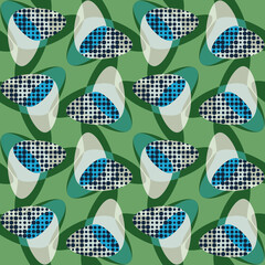 Vector abstract tulips seamless pattern with dot structure. Regularly repeating folk flowers in green and blue. Great for modern wallpaper, background, interior decorative materials and fashion fabric