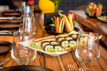 Sushi set on the served table