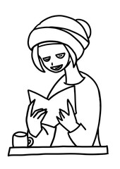 スキンケアで美容パックをしながら読書する女性の手描き線画イラスト