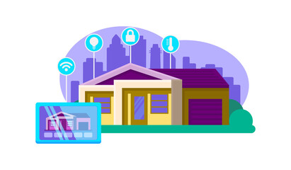 horizontal vector illustration of a smart home system and a tablet with an application for management, climate control, security management, lighting and wifi, on the background of silhouette of city