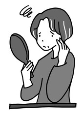 手鏡で白髪が気になる中年女性の手描きモノクロイラスト