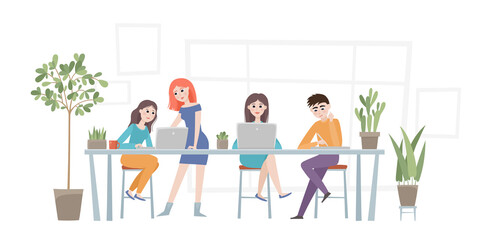 Office workplace with people, table, notebooks and plants - urban office.