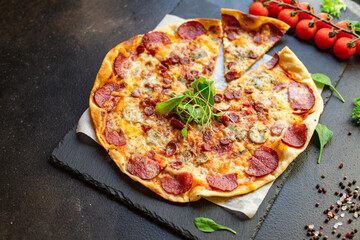 pizza meat salami sausage cheese serving size fast food top view place copy space for text food background rustic