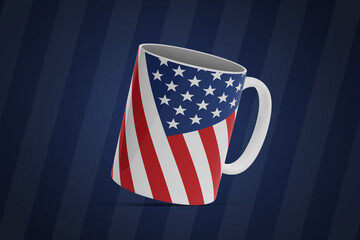 3D illustration of a coffee mug for 2020 USA elections on a dark blue background