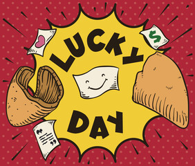 Opened Fortune Cookie in Pop Art Style Bringing a Lucky Day, Vector Illustration