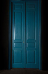 blue massive vintage doors indoor. Old fashioned interior concept 
