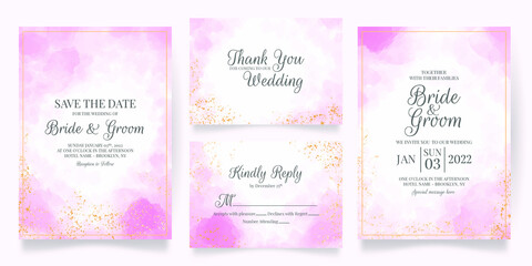 watercolor creamy wedding invitation card template set with golden floral decoration 