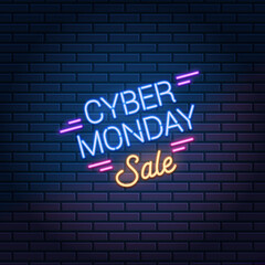 Fototapeta premium Cyber Monday Sale neon sign on dark brick wall background. Super discounts shopping promo, vector illustration.