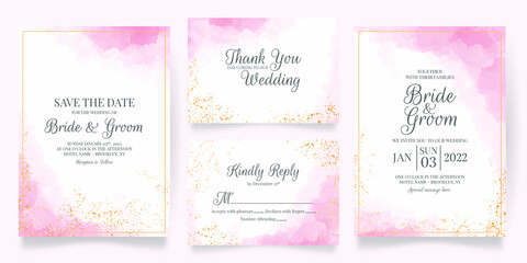 watercolor creamy wedding invitation card template set with golden floral decoration 