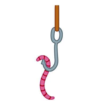 Set of fishing hooks and tackle with worm. Fishhook in different styles. Hobbies and hunting. Element of fishing rod with bait. Fish trap. Cartoon illustration