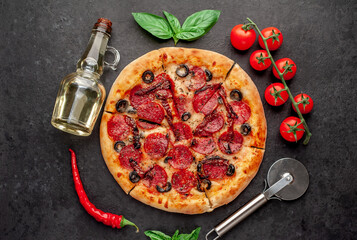 pizza pepperoni with salami sausages, mozzarella, olives, Provencal herbs, signature tomato sauce...