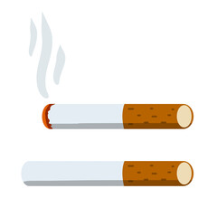 Cigarette. Smoking and a cigarette butt with smoke. Bad habit. Set of Horizontal objects. Harm and health. Flat cartoon illustration isolated on white