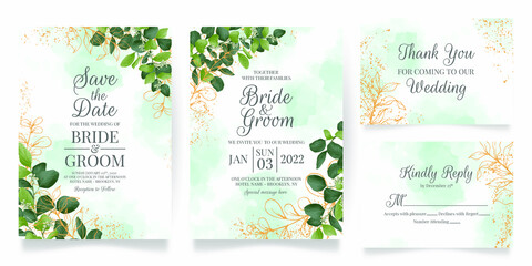 watercolor creamy wedding invitation card template set with golden floral decoration 