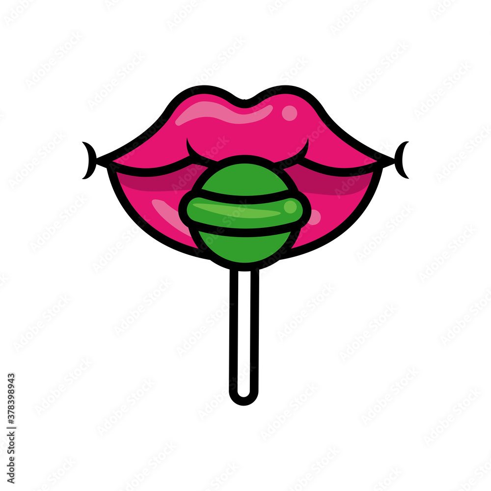 Canvas Prints Pop art mouth with sweet candy green lollipop fill style icon