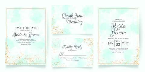 watercolor creamy wedding invitation card template set with golden floral decoration 