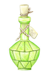 A bottle of green potion. Watercolor alchemical bottle with witchcraft ingredients, for the Halloween holiday.