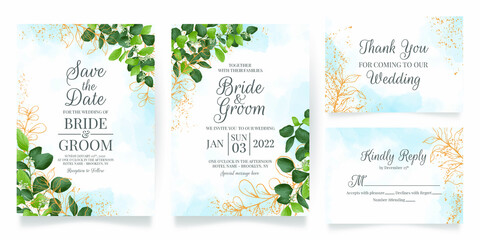 watercolor creamy wedding invitation card template set with golden floral decoration 