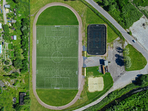 Russia, Republic of Karelia, Sortavala, Aerial view of empty football field and basketball court