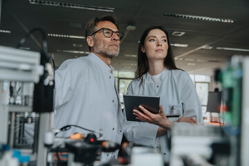 Thoughtful male and female engineers looking away while standing by machinery in laboratory