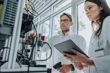 Male and female scientists examining machinery in laboratory