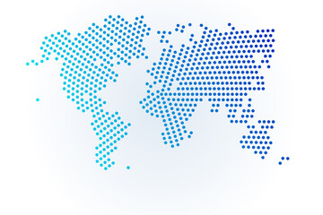 Fototapeta na wymiar Map icon of World. Vector logo illustration. Blue halftone dots background. Round pixels. Modern digital graphic design