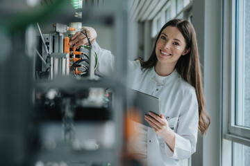 Smiling female scientist holding digital tablet inventing machinery in factory