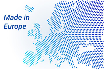 Map icon of Europe. Vector logo illustration with text Made in Europe. Blue halftone dots background. Round pixels. Modern digital graphic design.